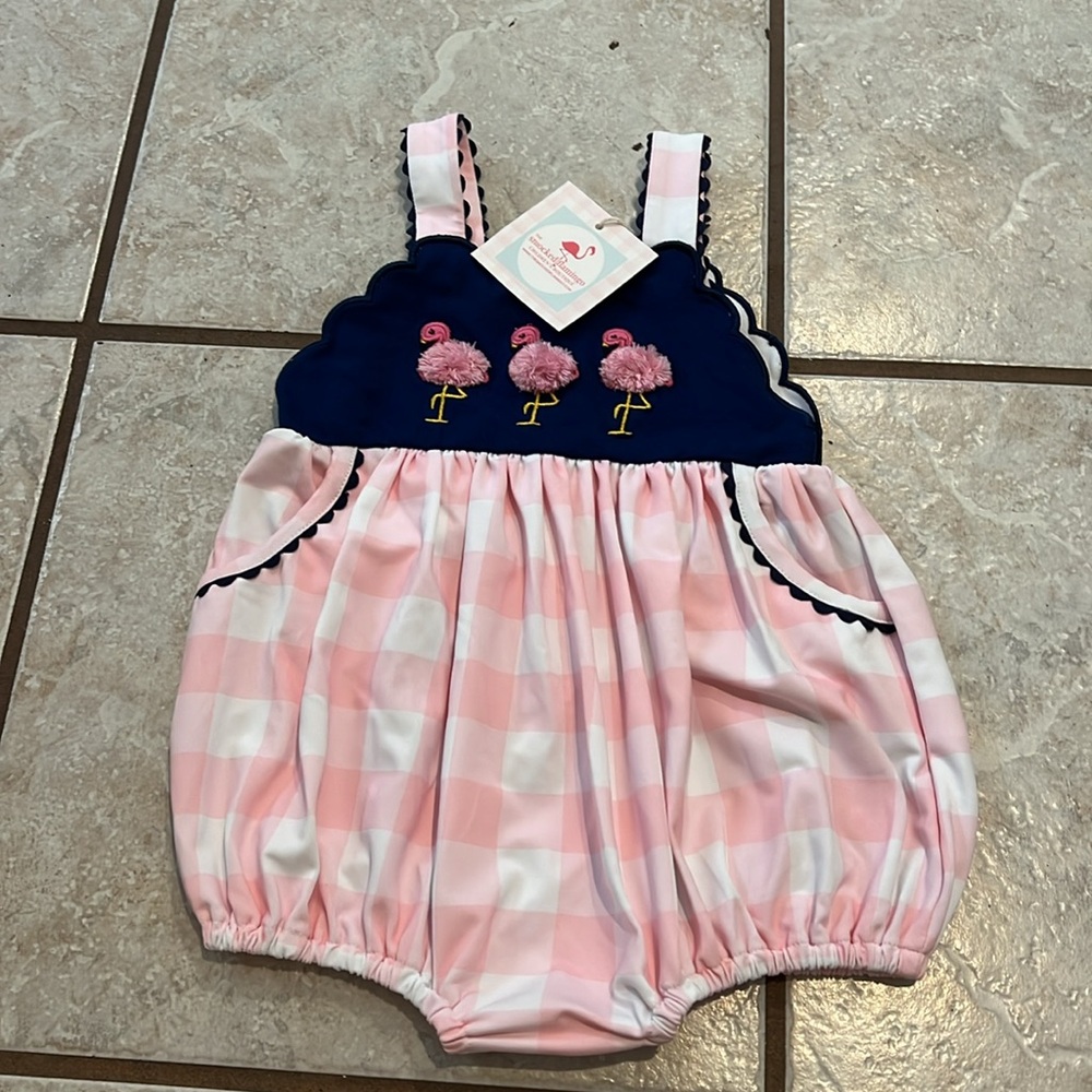 Smocked Flamingo Boutique Fancy Flamingo Navy Pink Gingham Bubble Romper
